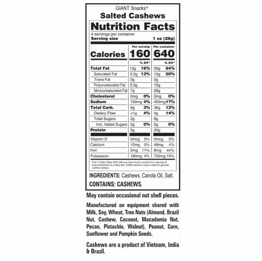 Online Giants Salted Cashews, 4 Oz. Salty Snacks