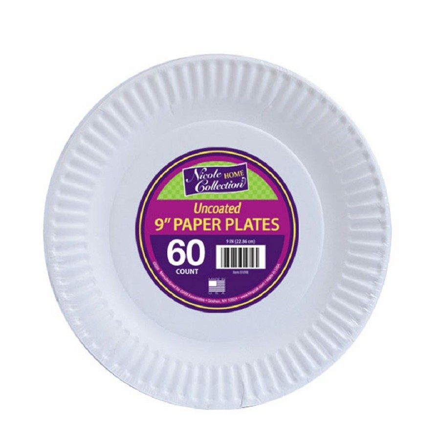 Wholesale Nicole Home Collection 9 Uncoated Paper Plates White, 60 Count 01099 Disposable Kitchenware