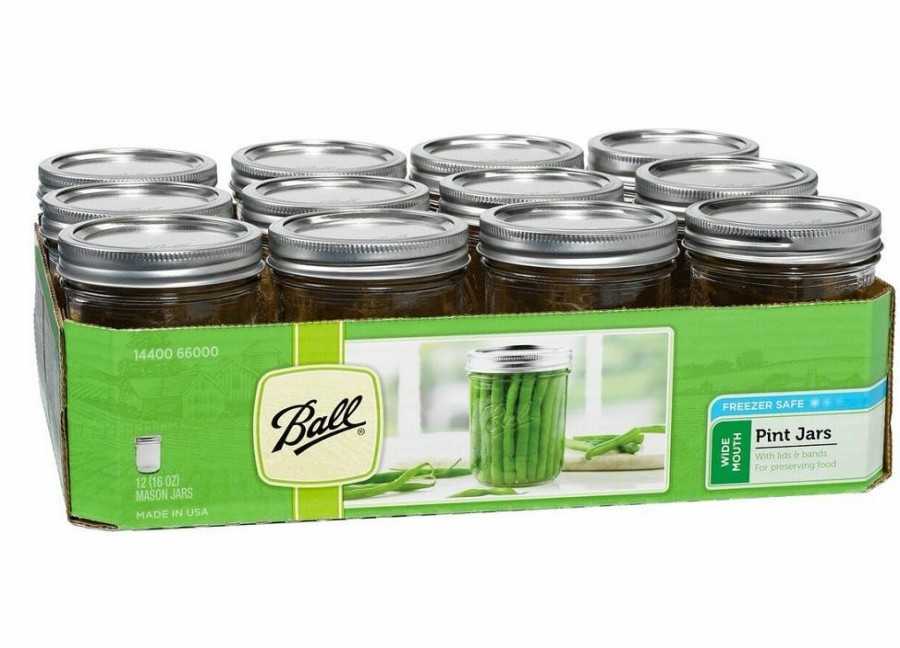 Online Ball Pint Size Wide Mouth 16 Oz. Mason Canning Jars, 12 Pack 66000 Canning Jars, Bands & Lids