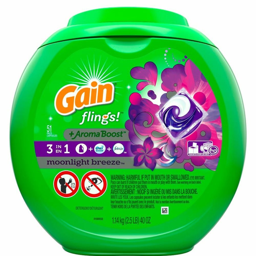 New Procter And Gamble Distributing Gain Flings +Oxi & Febreze Moonlight Breeze 51 Ct Laundry Detergent