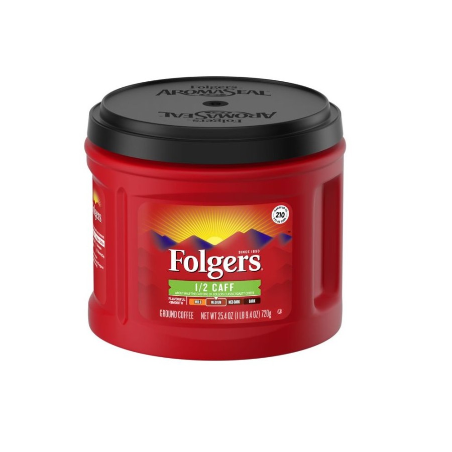 Hot Folgers Half Caff Ground Coffee, Medium Roast, 25.4 Oz Canister