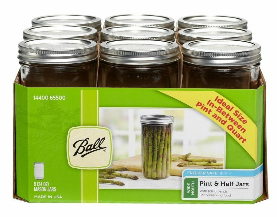 Hot Ball 1.5 Pint Size Wide Mouth 24 Oz. Mason Jars, 9 Count 1440065500 Canning Jars, Bands & Lids