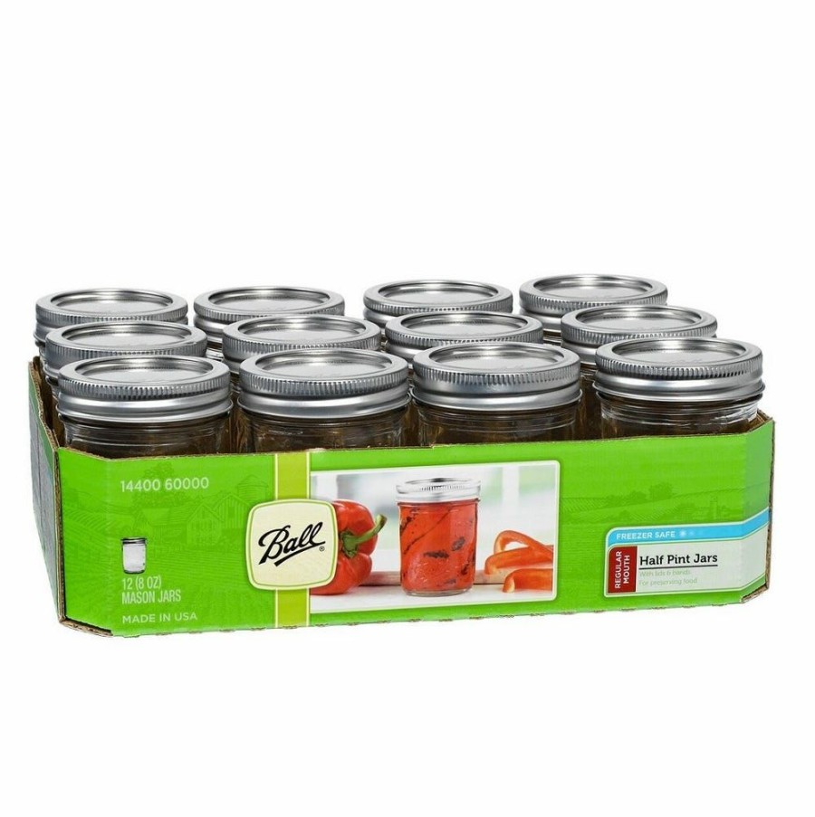 Clearance Ball 1/2 Pint Size Regular Mouth 8 Oz. Mason Canning Jars, 12 Pack 60000 Canning Jars, Bands & Lids